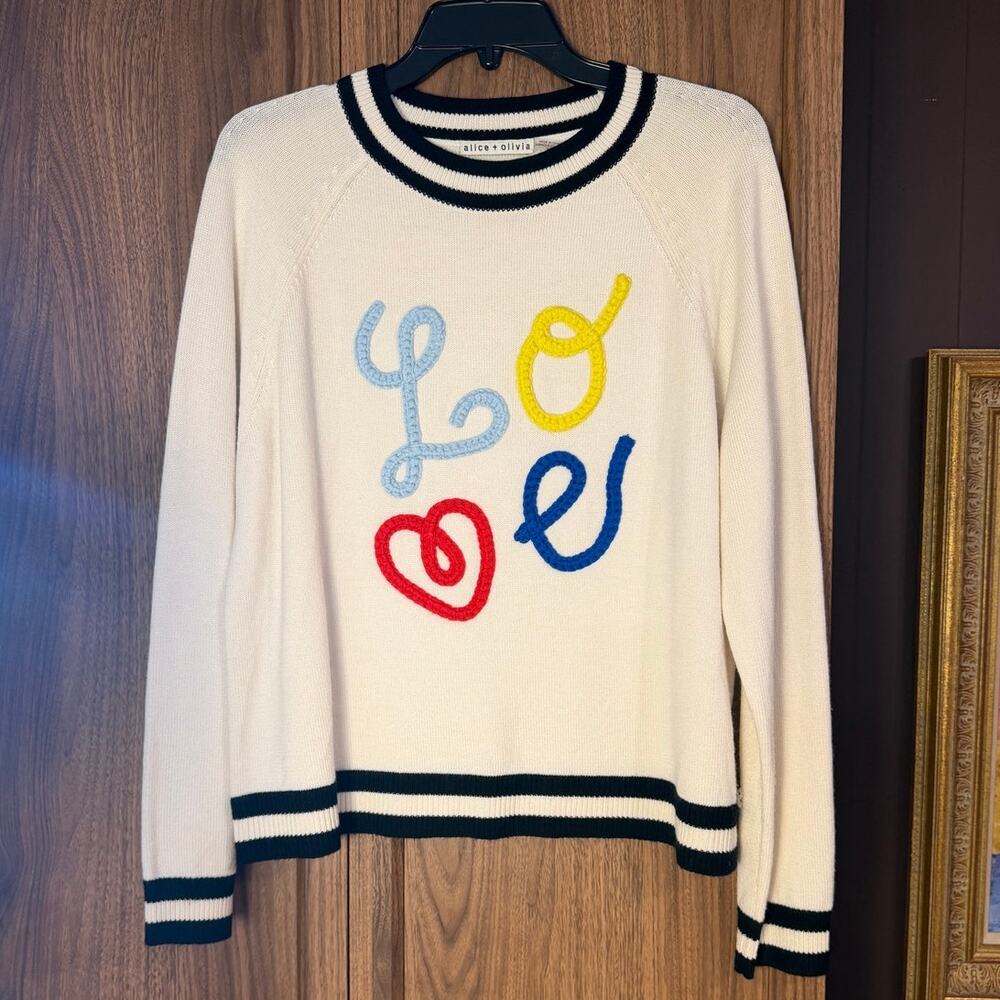 ALICE & OLIVIA Albina White Multi Love Wool Crewneck Sweater Size M